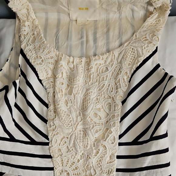 Maeve (Anthro) Black and White Striped Dress with Cream Lace - Picture 3 of 10
